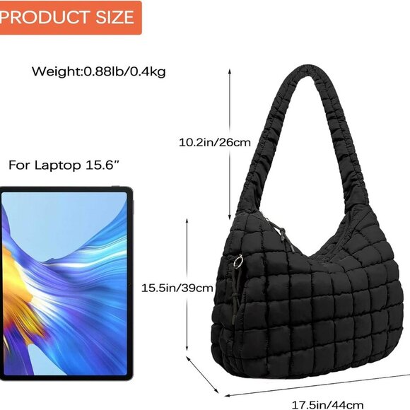 Quilted Puffer Tote Bag Nylon Large Capacity Travel Gym Shoulder Bag - Picture 7 of 7